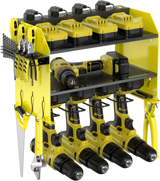 3-Tier Modular Drill Holder & Power Tool Organizer Wall Mount with Charging Station, Tool Storage Rack with Hooks, 8-Outlet Power Strip, Bit Rack & Cordless Garage Tool Organization (Yellow)