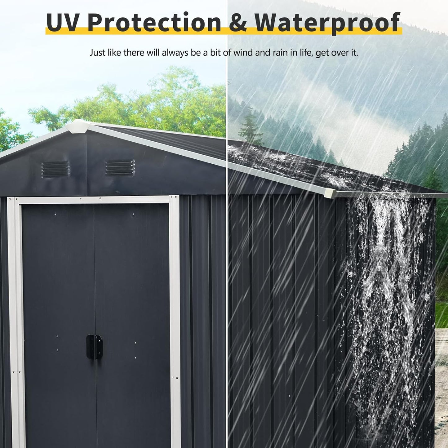 4x8 FT Outdoor Storage Shed, Metal Garden Shed with Frame Floor, Outside Tool Shed with Lockable Sliding Doors, Waterproof Storage Building with Sloped Roof for Backyard, Patio, Lawn, Black
