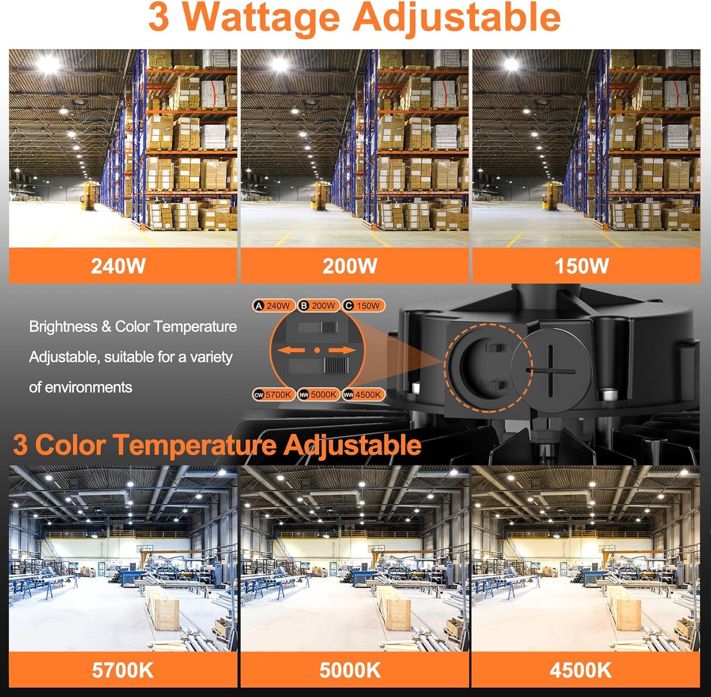 9Pack LED High Bay Lights, 240W UFO High Bay LED Shop Lights, 36000LM Adjustable CCT(5700K 5000K 4500K) & Power(240W 200W 150W), 0-10V Dimmable, 5' Cable Plug, IP65 Waterproof, ETL & DLC Listed