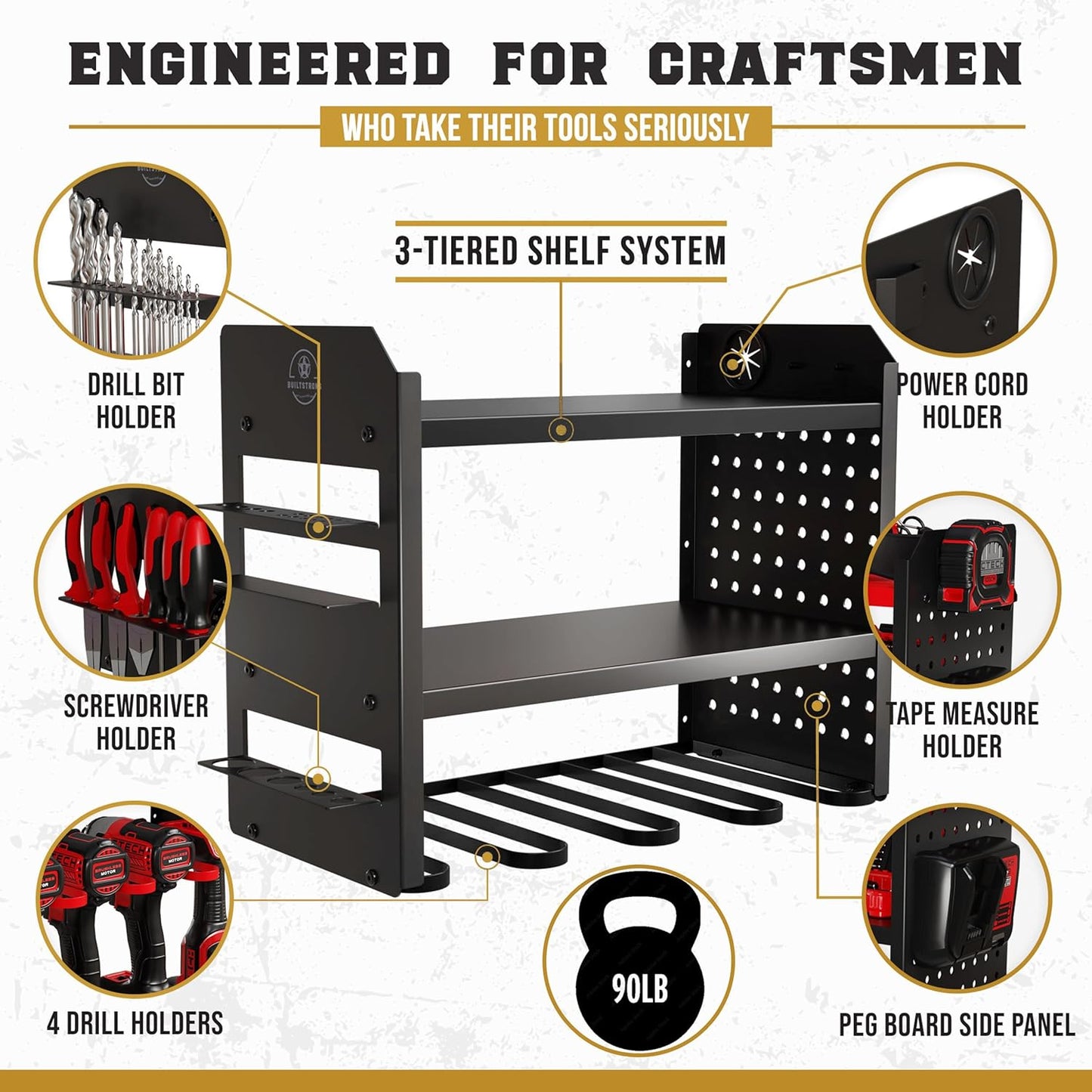 Power Tool Organizer Wall Mount - 3-Tier Heavy-Duty Metal Hand Tool Storage Rack, Utility Racks, Drill Holder, PegBoard Side, & More - Garage Storage Cordless Tool Organizer (Black)