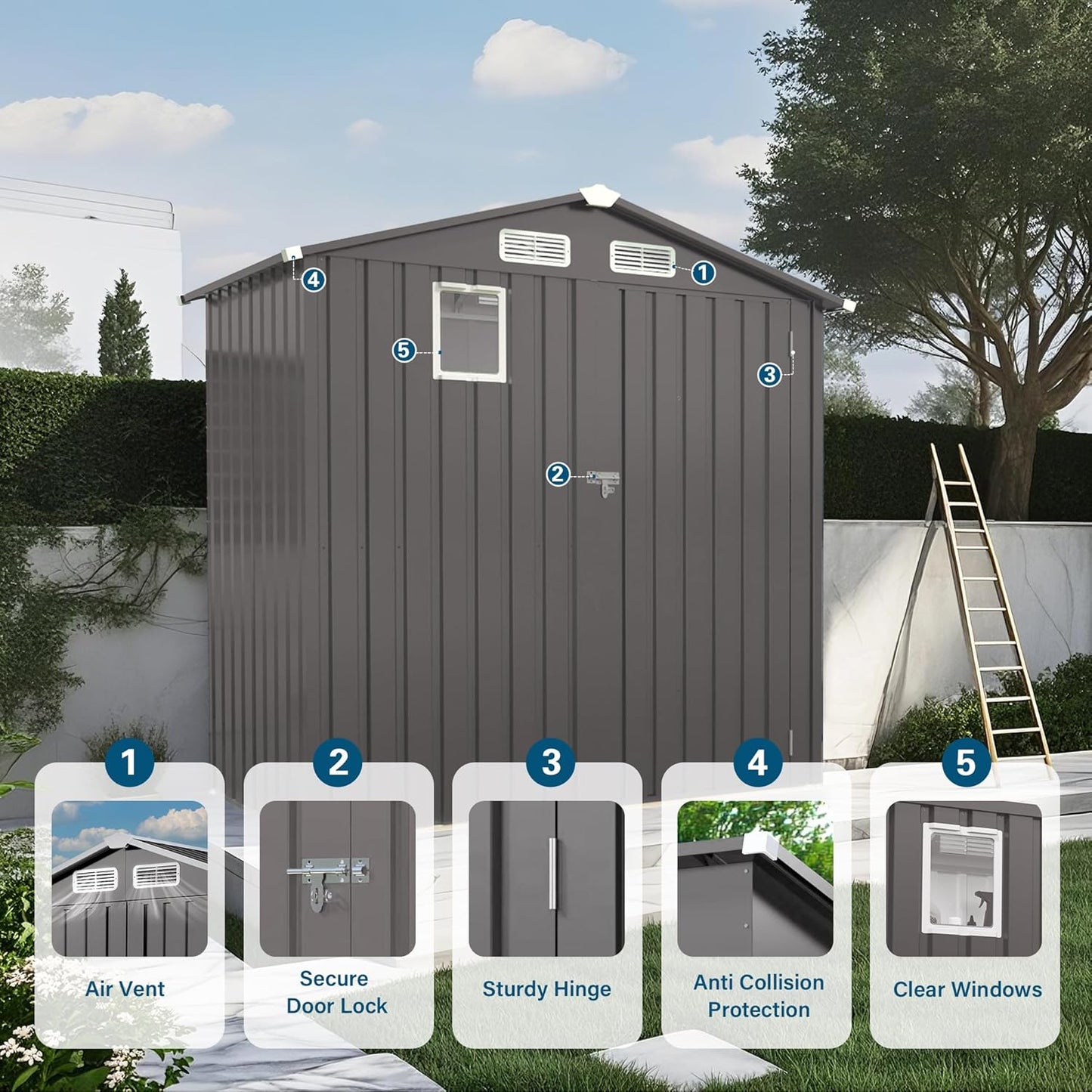 6X3.5 FT Outdoor Storage Shed with Window, Metal Garden Sheds w/Lockable Door and Vents, Waterproof Steel Tool House for Backyard, Patio, Lawn, Sundries & Utility Storage, Gray