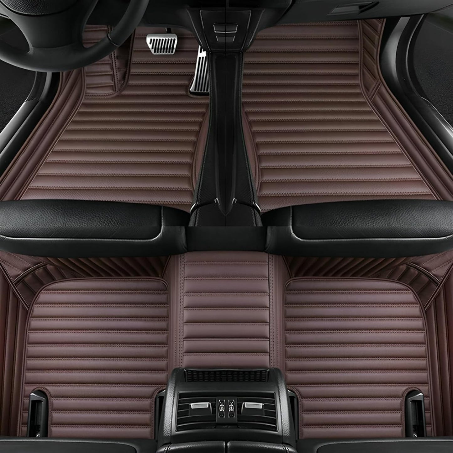 Add Personal Touch to Your Vehicle with IMEISH Customizable Logo Text Car Mats for 99% of vehiclesPads Protection Non-Slip Leather Floor Liners (Brown Stripe)