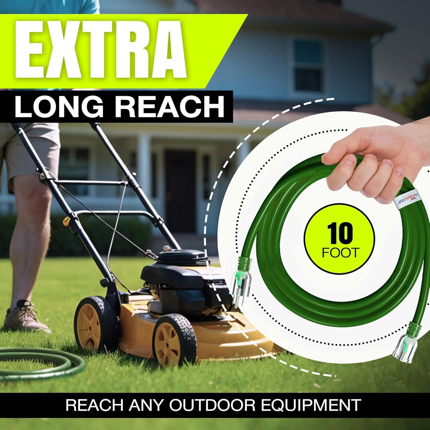 10ft Outdoor/Indoor Extension Cord 14/3 Gauge Heavy Duty 3 Prong SJTW, Waterproof, Flexible Cold-Resistant Long Power Cord,15A 125V 1875W, Green by LifeSupplyUSA