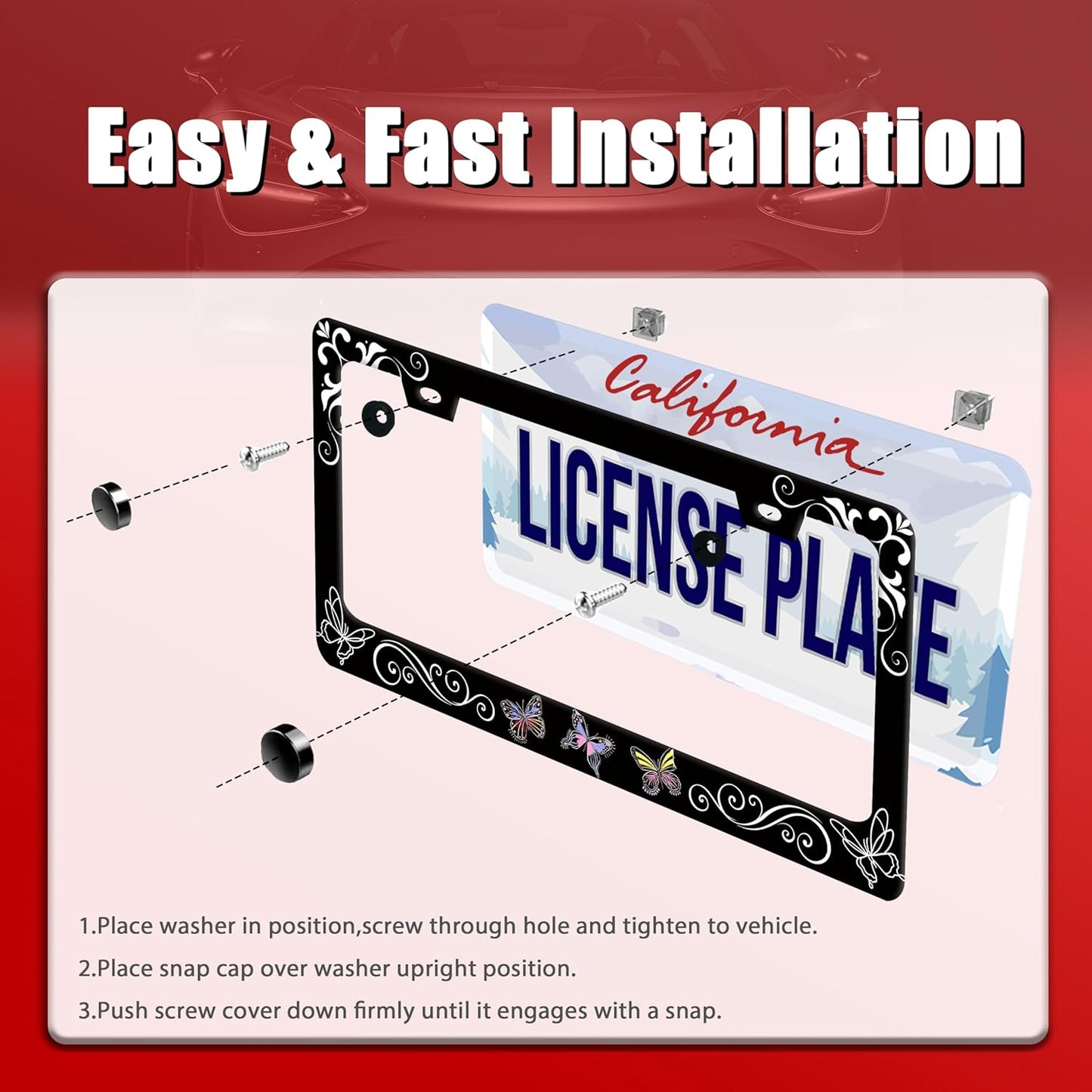 Butterfly License Plate Frame Butterflies Floral License Plate Frames for Car Decorative Parts Stainless Stee License Plate for Standard Us Canada Funny License Plate Holder 12x6 Inch
