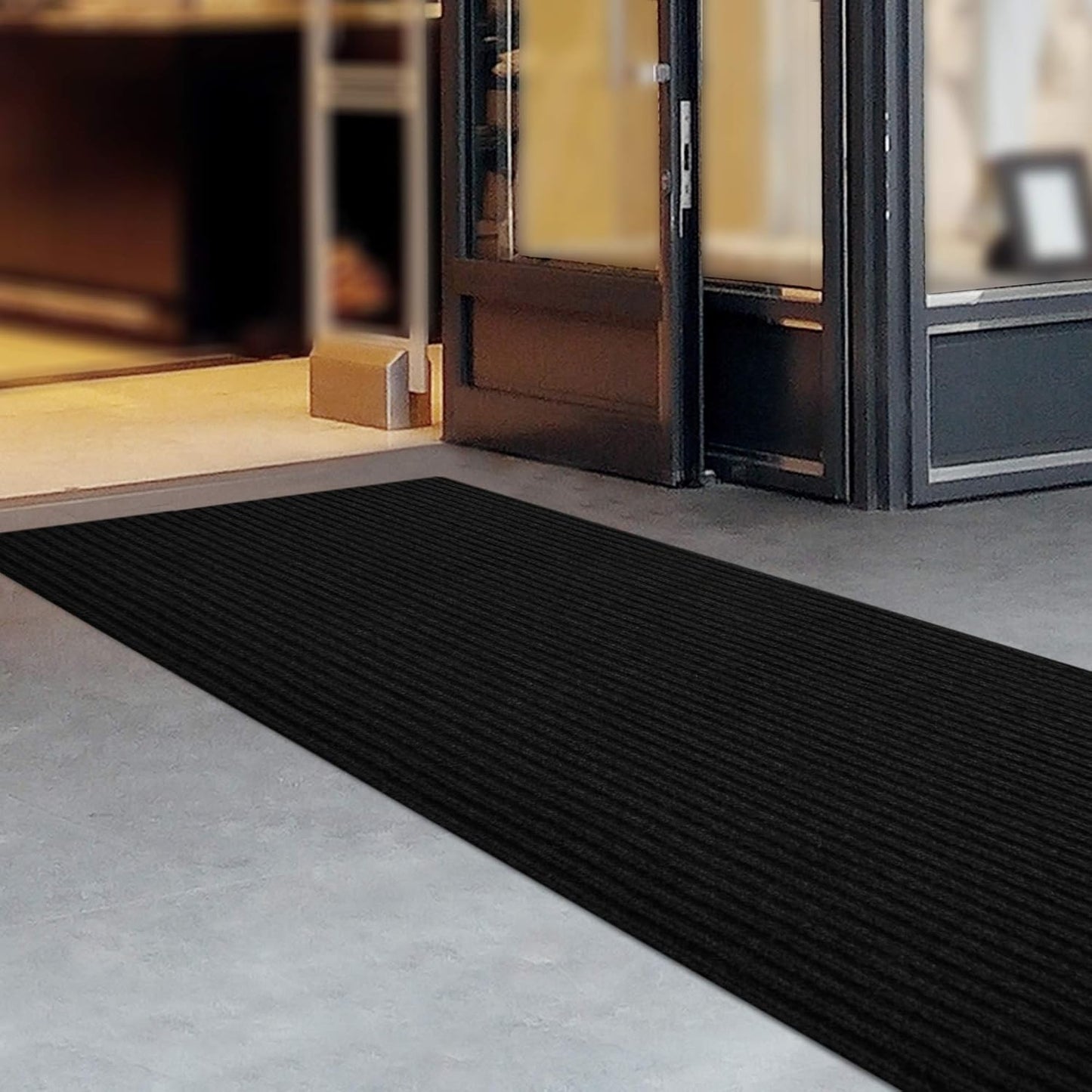 iCustomRug Spartan Weather Warrior Indoor/Outdoor Utility Ribbed Carpet Runner with Non-Slip Thermoplastic Rubber Backing, 3ft X 42ft in Black