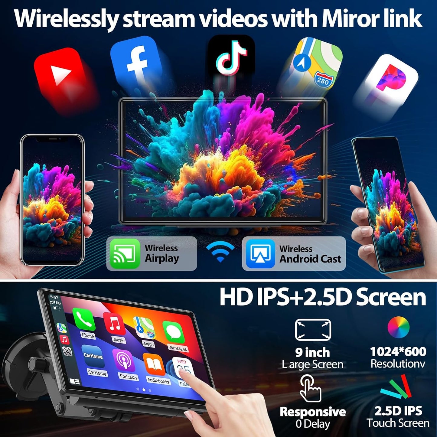 Wireless CarPlay Screen for Car - Portable Dash 9" HD IPS Screen with Strongest Suction Mount, Android Auto, GPS Navigation, Bluetooth Handsfree, Airplay, MirrorCast, Fit Most Cars