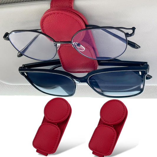 KIWEN 2 Pack Sunglasses Holder for Car Visor, Magnetic Leather Sunglass Eyeglass Hanger Clip for Car Sun Visor Accessories (2, Red)