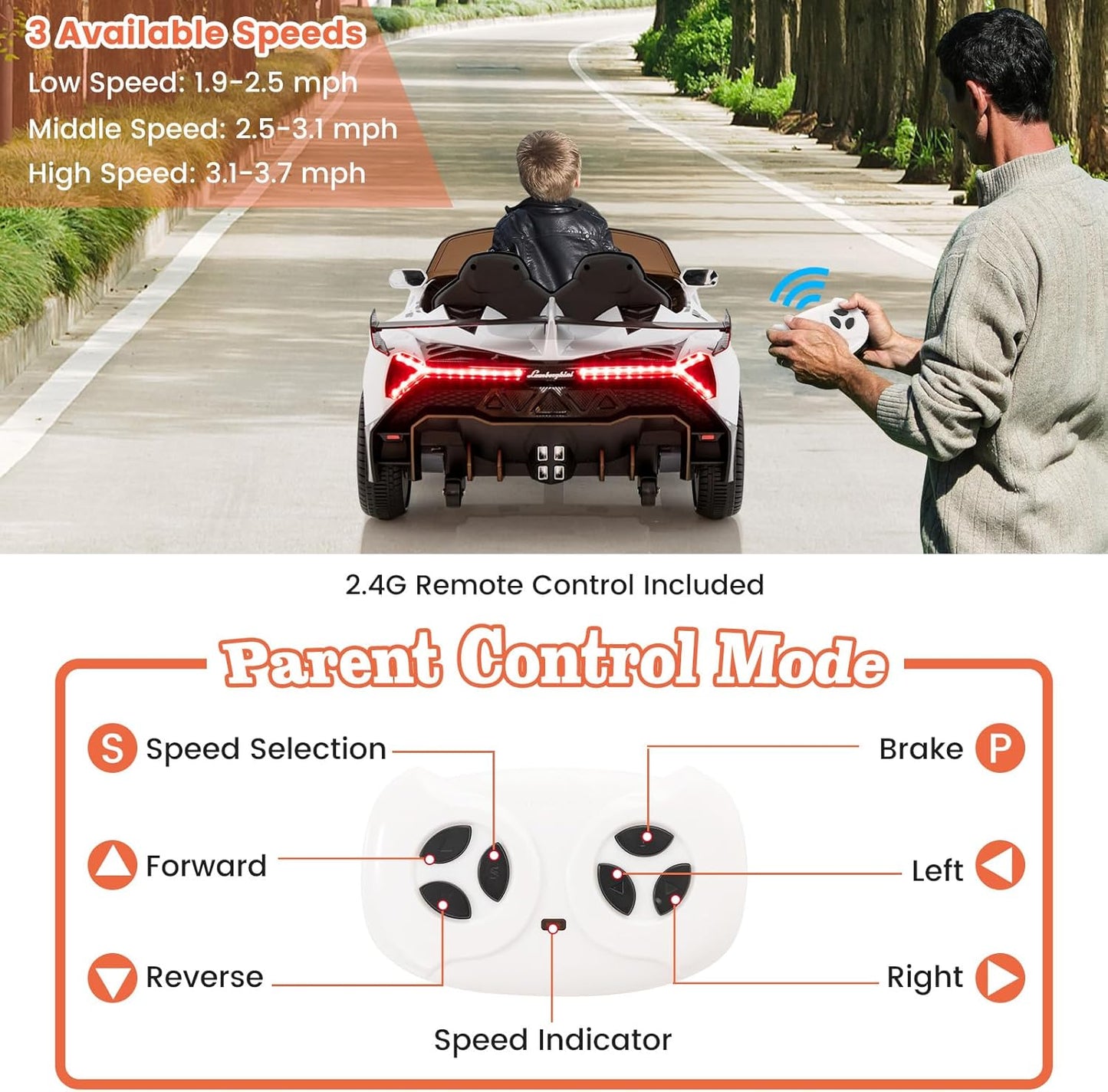 Costzon Ride on Car, Lamborghini Licensed 12V Battery Powered 4WD Sports Car with Remote Control, 3 Speeds, Hydraulic Doors, LED Lights, Towing Wheel, Horn, Music, Electric Vehicle for Kids Aged 3-8