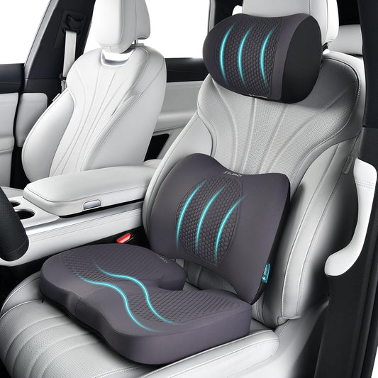 FLORICH 3 PCS Seat Cushion for Carseat Lumbar Support Pillow Car Neck Headrest Pillows Memory Foam Seat Pads Pressure Relief Back Cushion for Office Chair(Grey)