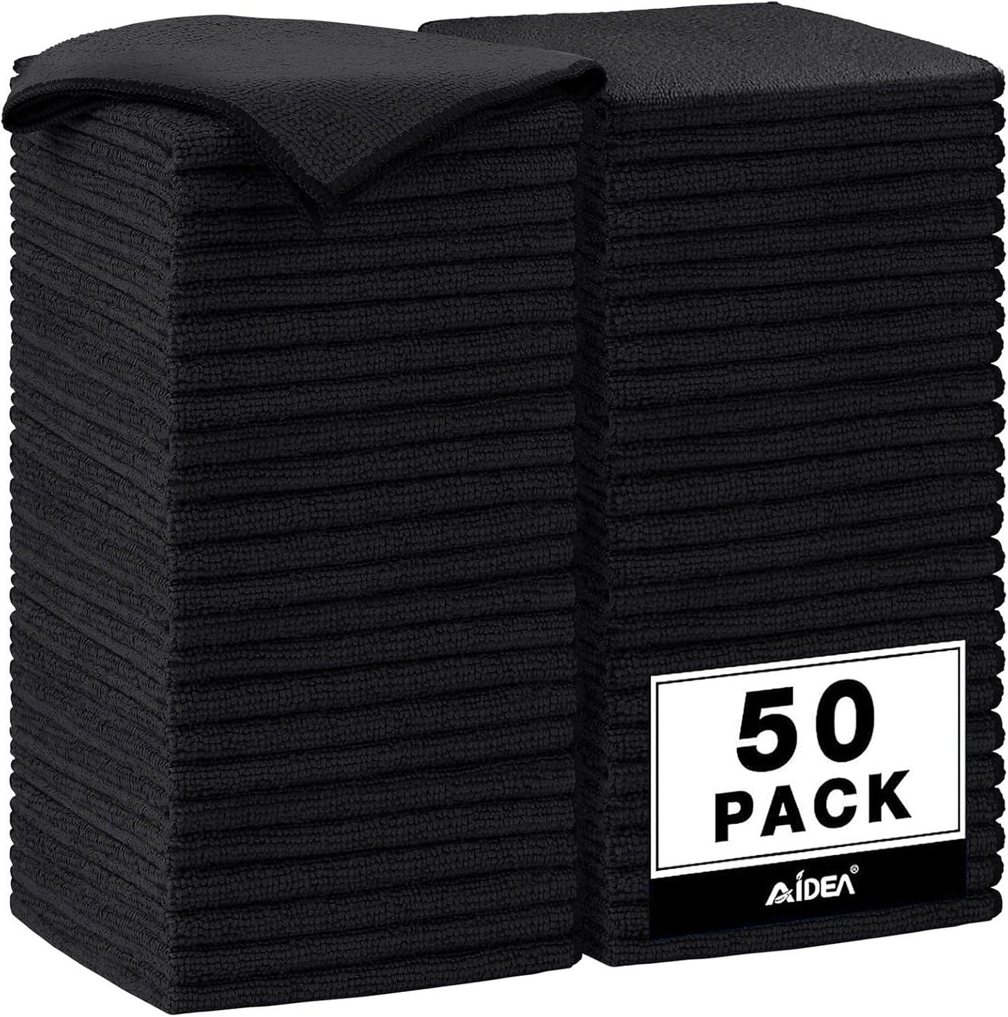 AIDEA Microfiber Cleaning Cloth Black 50PK, Microfiber Towels for Cars, Premium Car Cloths, Dusting Cloth Lint Free Cleaning Rags for SUVs, House, Kitchen, Window, Workshops,12×12"