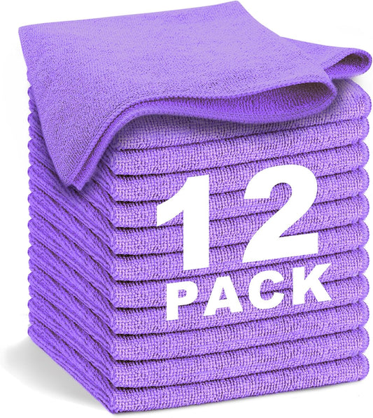 Purple Microfiber Cleaning Cloth, Ultra Soft Absorbent Microfiber Cleaning Rags for Housekeeping Cleaning Supplies, Lint Free Reusable Cleaning Cloths for House Washable, Pack of 12