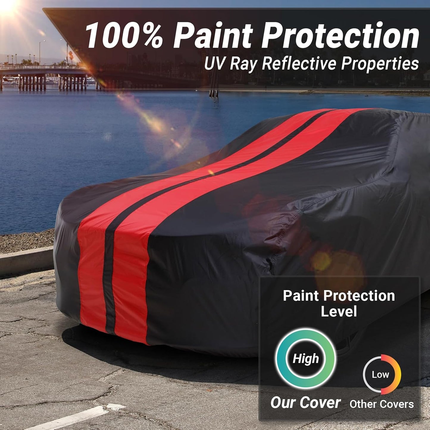 iCarCover Custom Car Cover for Pontiac Tempest 2-Door, 4-Door (1961-1963) Waterproof All-Weather Rain Snow UV Sun Protector Full Exterior Indoor Outdoor Car Cover (Stripe - Black/Red)