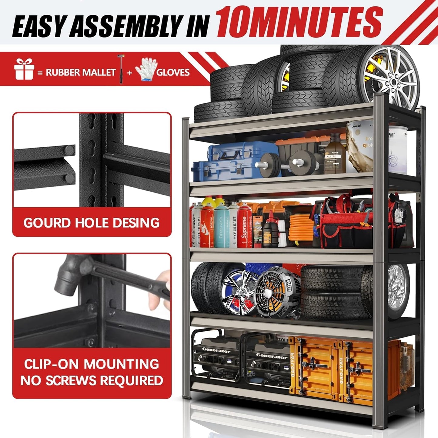 2500lb Capacity Heavy Duty Industrial Shelves | 5-Tier Steel Storage Rack | Adjustable Garage, Warehouse, Workshop Shelving | 71" H x 39.4" W x 17.7" D | Black