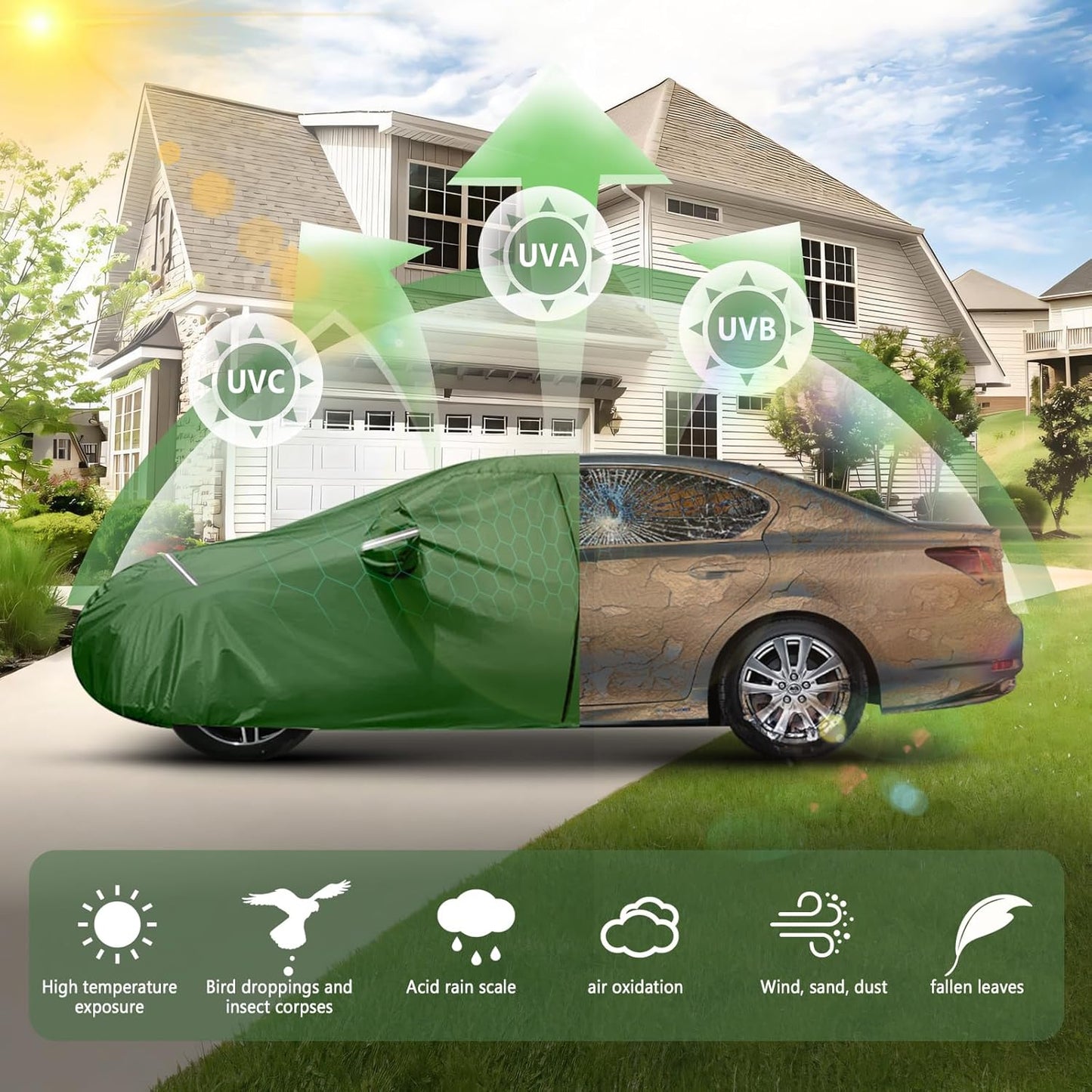 BOSSTONE Car Cover Custom Fit for Ford Mustang 1994-2025, Waterproof All Weather for Automobiles Full Exterior Cover Rain Sun Snow Protector with Door Zipper (Green)