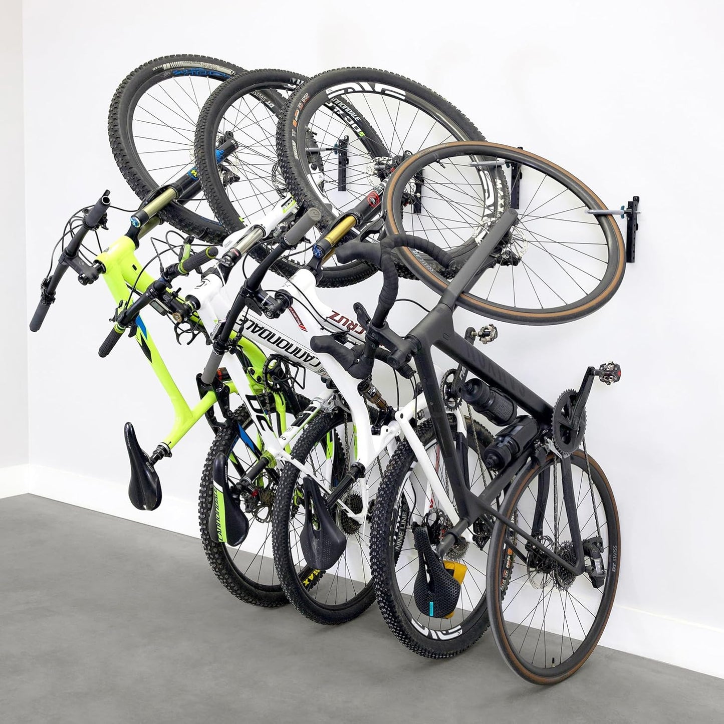 WheelRest Bike Hook, No-Lift Garage Wall Mount, Vertical Bicycle Storage Rack, Adjustable Bike Hanger for MTB, Road, eBike, 4 Pack