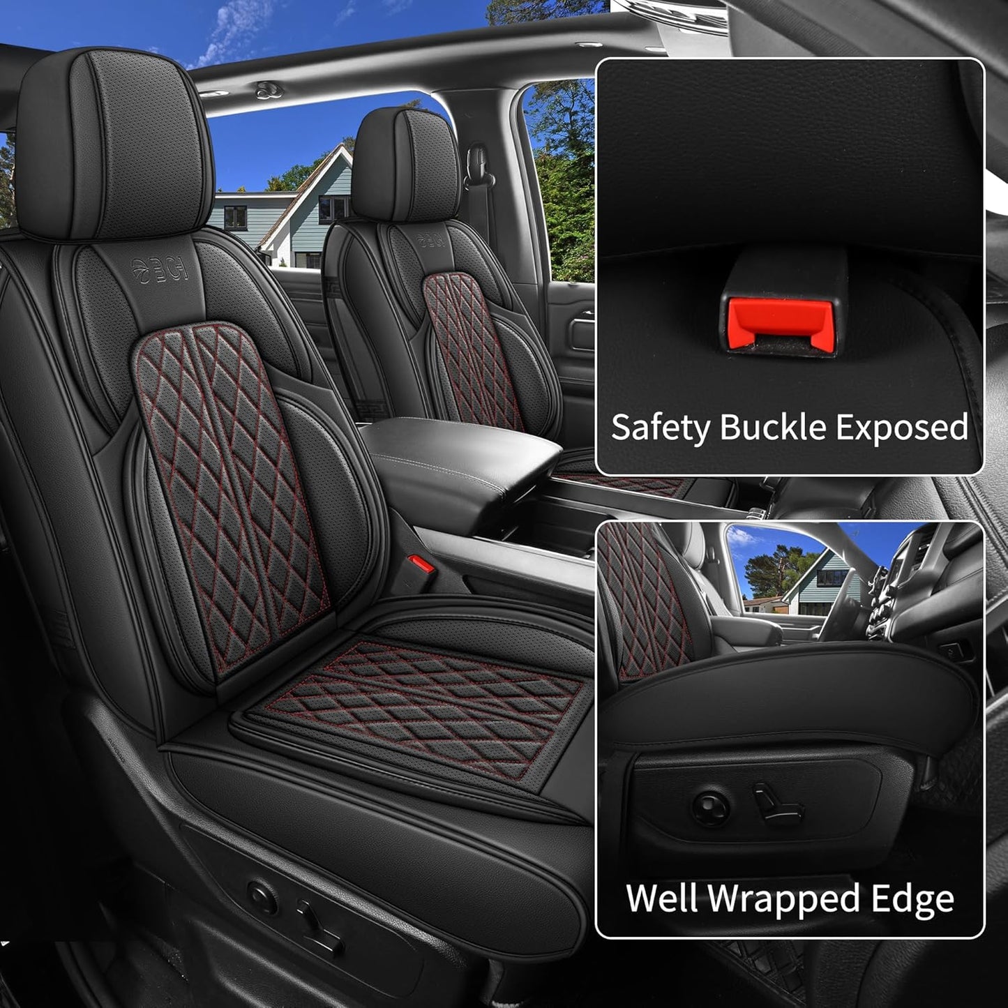 Car Seat Cover Custom Fit for Dodge Ram 1500 2500 3500 2002-2024 Faux Leather Seat Cover Set Compatible with Crew Quad Regular Cab Pickup Truck Cushions (Black Redline, Full Set, Flat Rear)