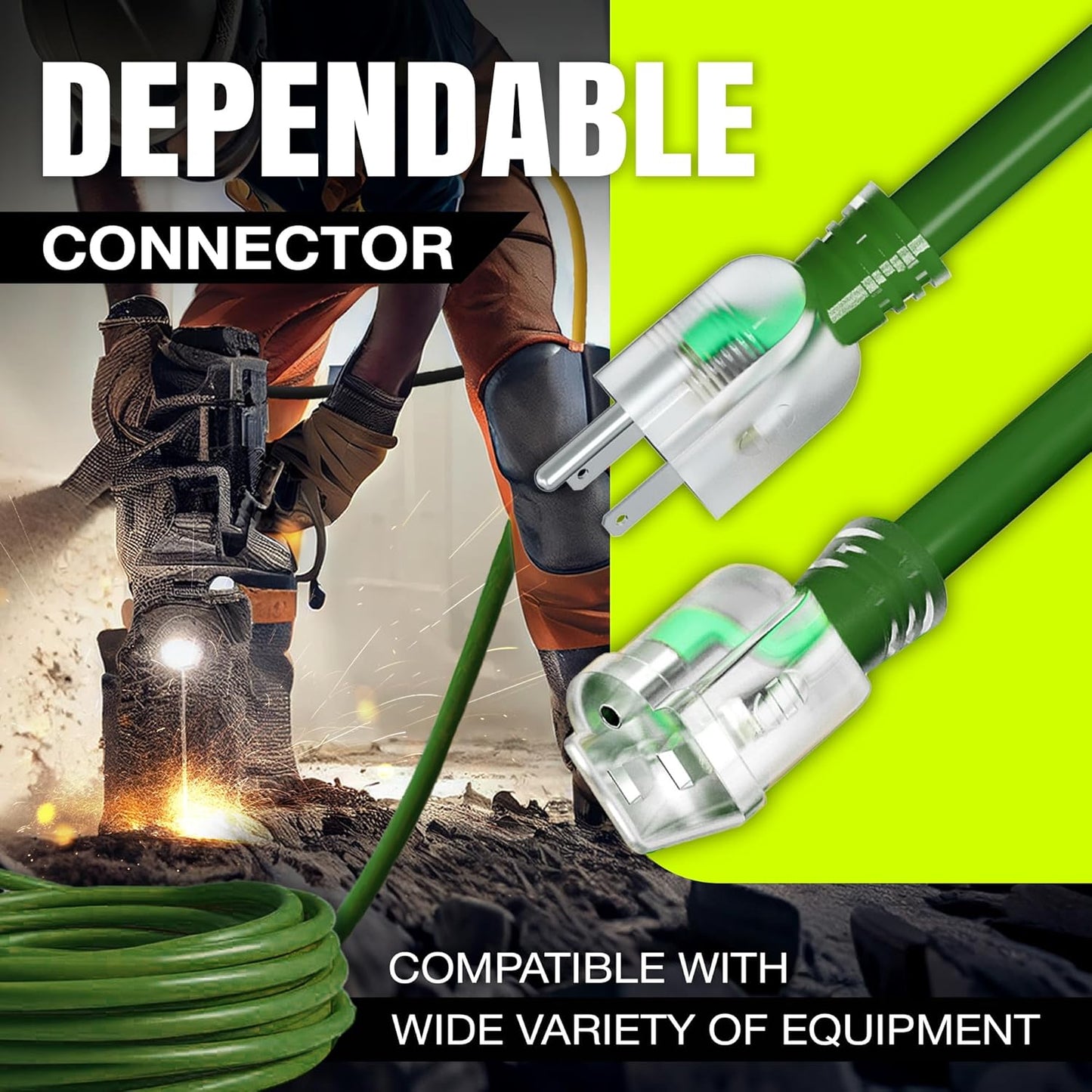 25ft Outdoor/Indoor Extension Cord 16/3 Gauge Heavy Duty 3 Prong SJTW, Waterproof, Flexible Cold-Resistant Long Power Cord,13A 125V 1625W, Green by LifeSupplyUSA