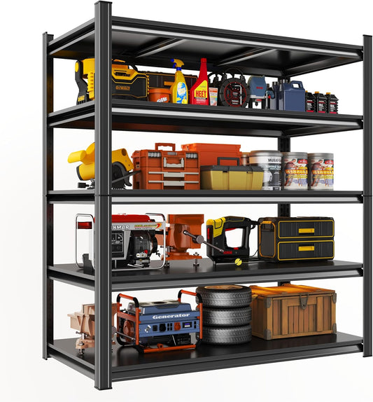 Garage Shelving, 72" H × 48" W Heavy Duty Metal Shelving - Easy to Assemble, Adjustable 5-Tier Storage Shelves, Double-Thickened Columns, 3000 lbs Capacity, for Garage, Pantry Storage, Black