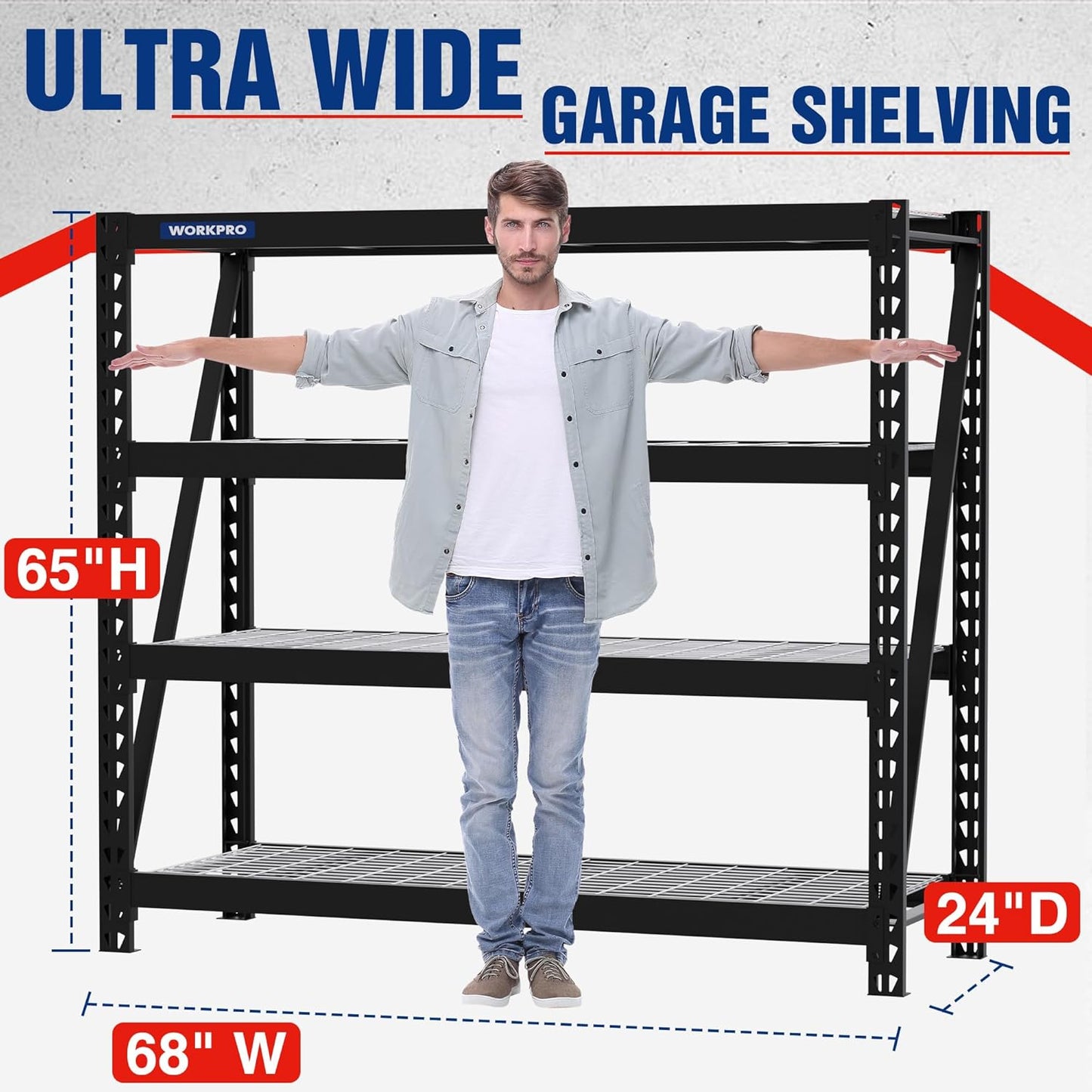 WORKPRO Garage Shelving, 68" W x 24" D x 65" H, 7200 LBS Load, Heavy Duty Metal Shelves for Storage, Industrial Storage Rack for Warehouse Kitchen Shop Basement, Black, Pack of 1