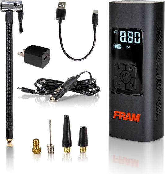 FRAM FEK40002 Portable Emergency Tire Inflator with 6000mAh Battery and 12V, 150PSI Air Pump for Car, Bike, Motor, Ball with Digital Tire Pressure Gauge with LED Light