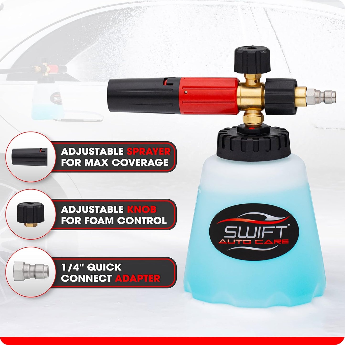 Swift Premium Foam Cannon for Pressure Washer – Heavy Duty Foam Sprayer for Car Wash | ¼ Inch Quick Connector | Adjustable Wide Mouth for Extra Thick Snow Foam | Holds 1 Liter of Soap!