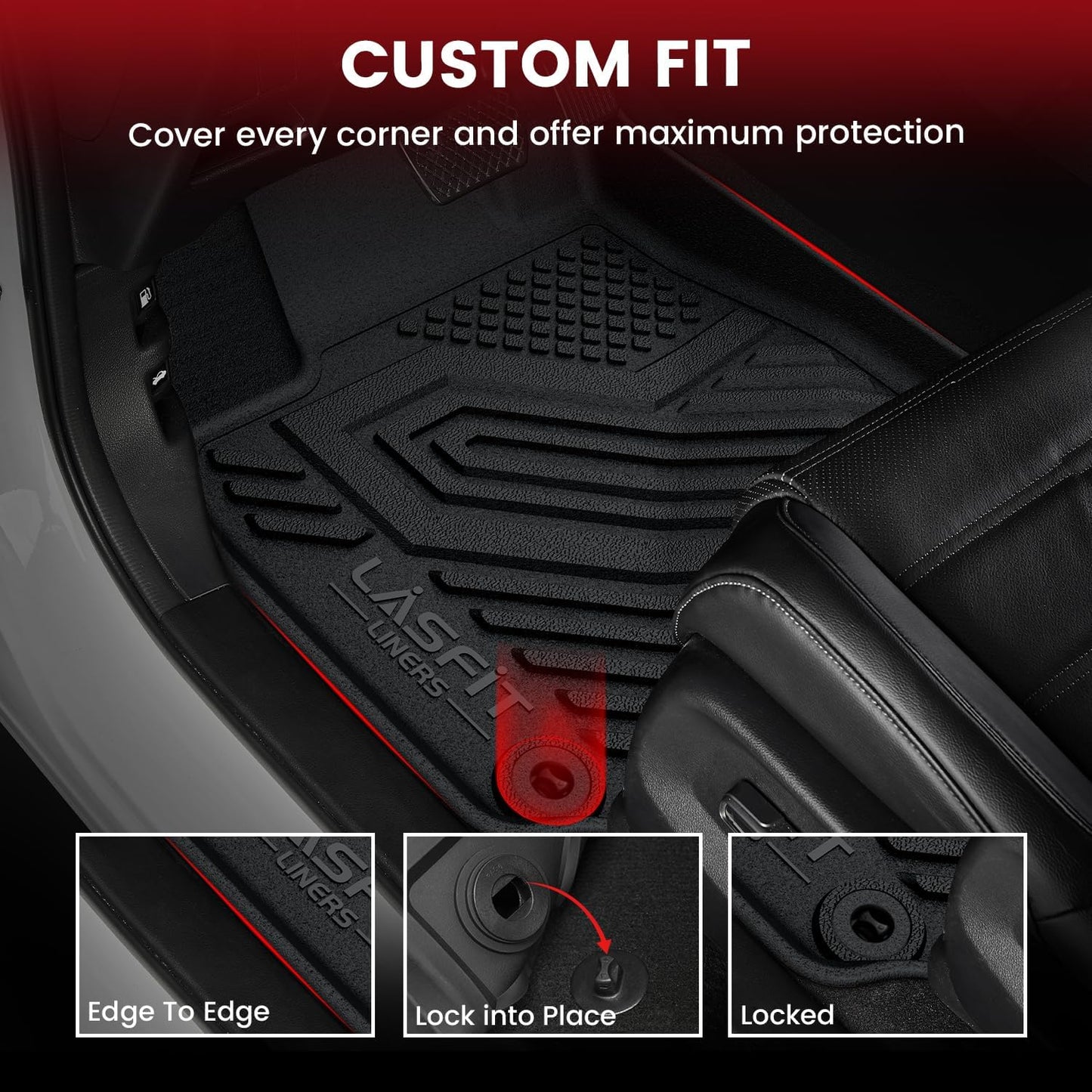LASFIT Floor Mats for Honda Ridgeline 2025 2024 2023-2017 Crew Cab, All Weather Protection TPE Non-Slip Custom Fit Automotive Accessories Floor Liners 1st & 2nd Row, Black