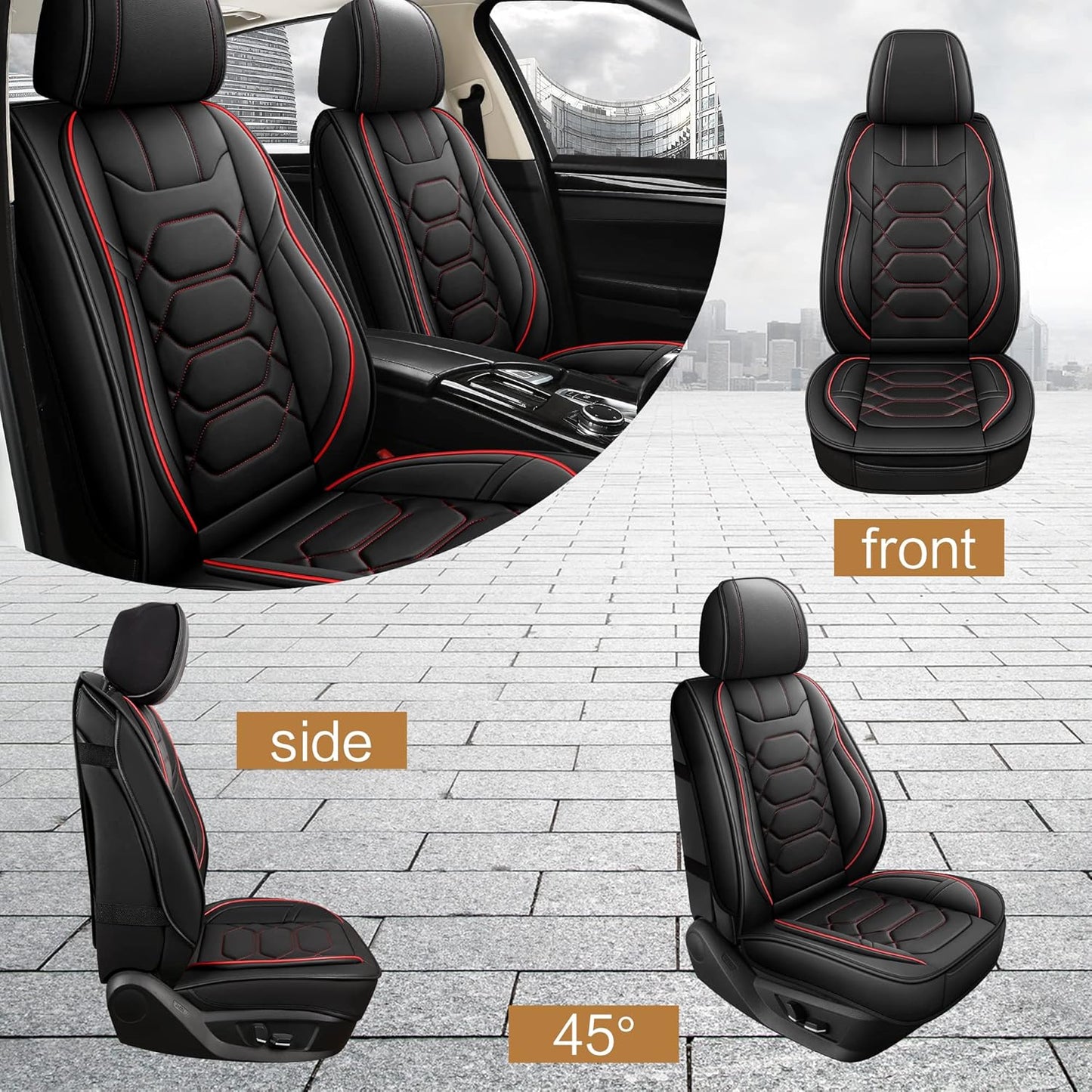 Pariitadin Leather Car Seat Covers Front Pair, Waterproof Faux Leather Seat Covers for Cars, Non-Slip Car Interior Covers Universal Fit for Most Cars Sedans Trucks SUVs, Black/Red