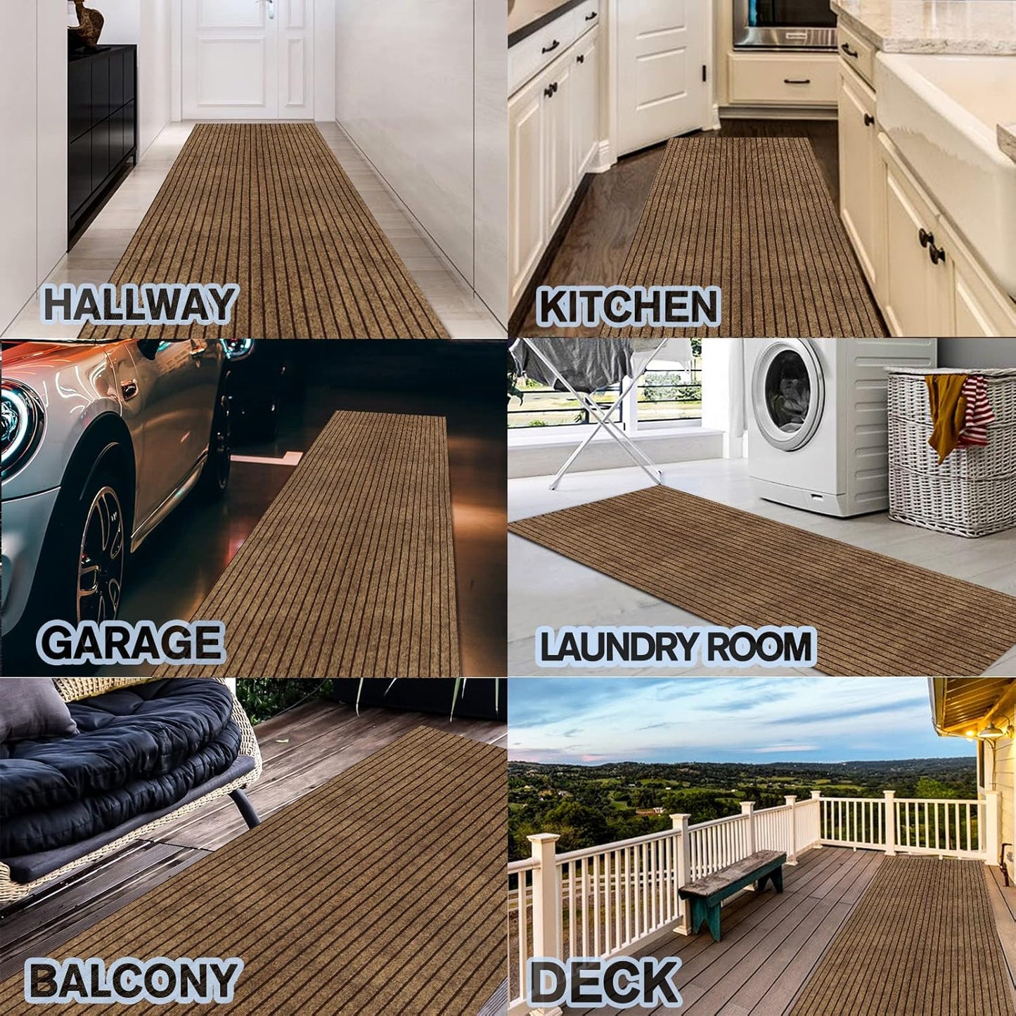 Custom Size Backed Non-Slip Area Rugs Runner, Easy Clean, Waterproof Runner Rugs for Hallway Entryway, Kitchen, Laundry, 2FT x 75FT, Brown Stripe