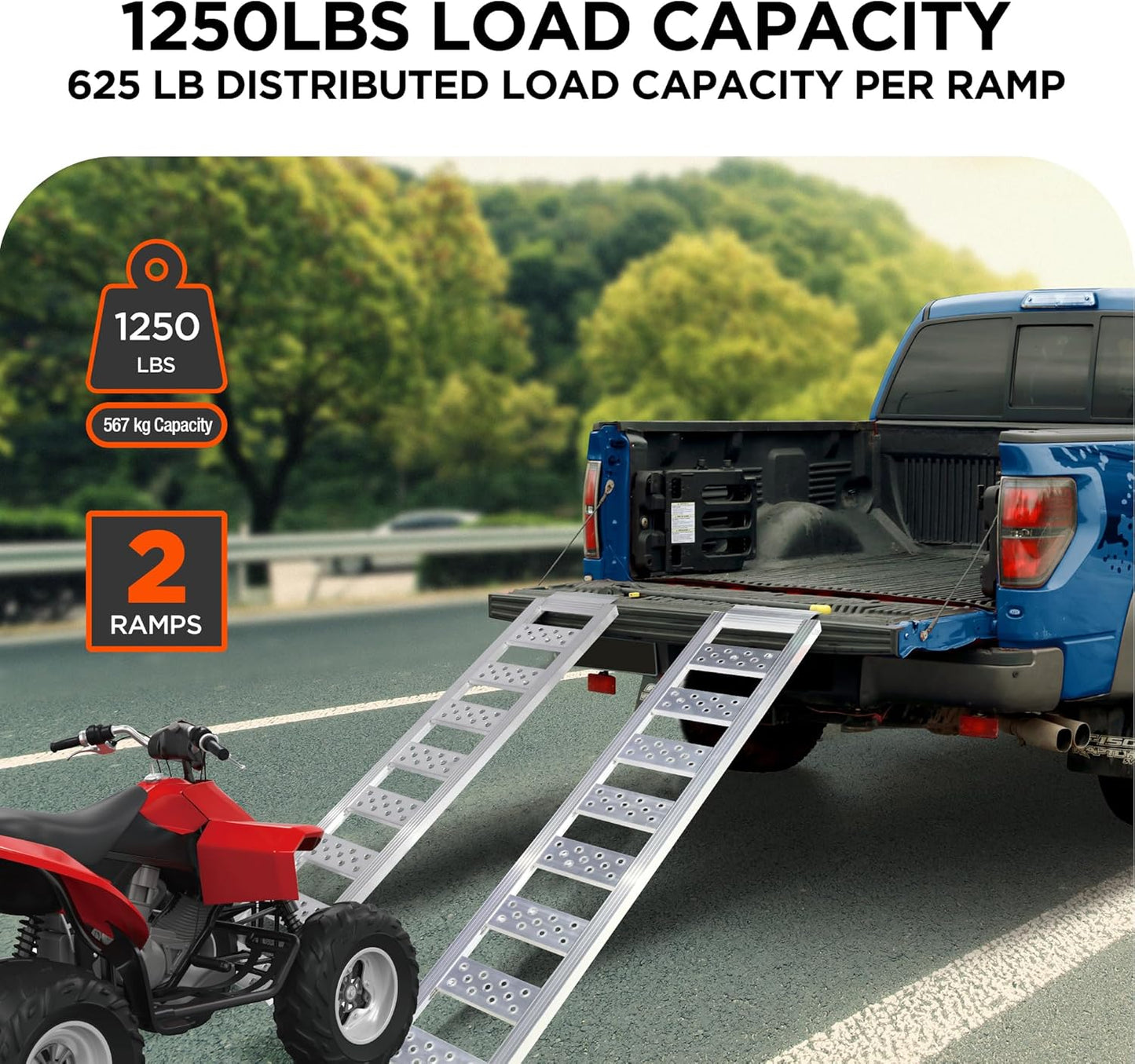Rockland Straight Aluminum Loading Ramp, 77'' x 13'', 1250 LBS Loading Capacity, Portable Ramp for Motorcycles, Ebikes and ATVs, 2 Pcs