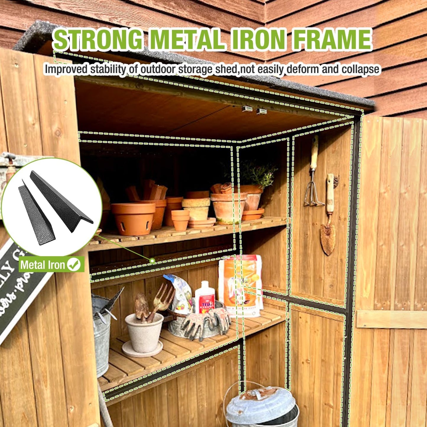 Outdoor Storage Shed with Metal Frame,Large Wooden Tool Cabinet with Adjustable Shelfs, House Garden Shed for Backyard Garden Patio Lawn