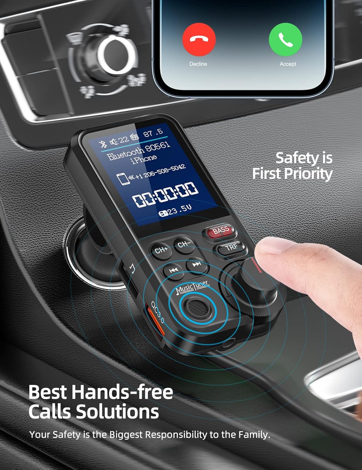 Nulaxy Bluetooth FM Transmitter for Car, 1.8" Color Screen Strong Mic Bluetooth Car Adapter with QC3.0 Fast Charger, Treble & Bass Sound Music Player, Hands-Free Calls, Supports Aux/TF Card/USB Drive