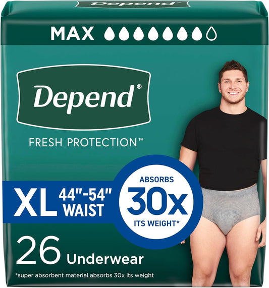 Depend Fresh Protection Adult Incontinence Underwear for Men, Disposable, Maximum, Extra-Large, Grey, 26 Count, Packaging May Vary