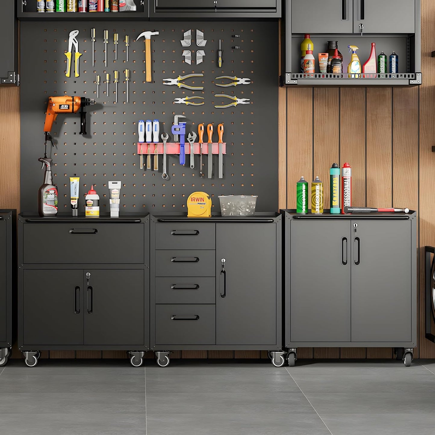 Metal Tool Cabinet,Garage Storage Cabinet System,Wall Cabinet & Locking Rolling Tool Cabinet with Doors and Adjustable Shelves,Steel Tool Cabinets for Home,Office (2 Pcs-StyleE, Black)