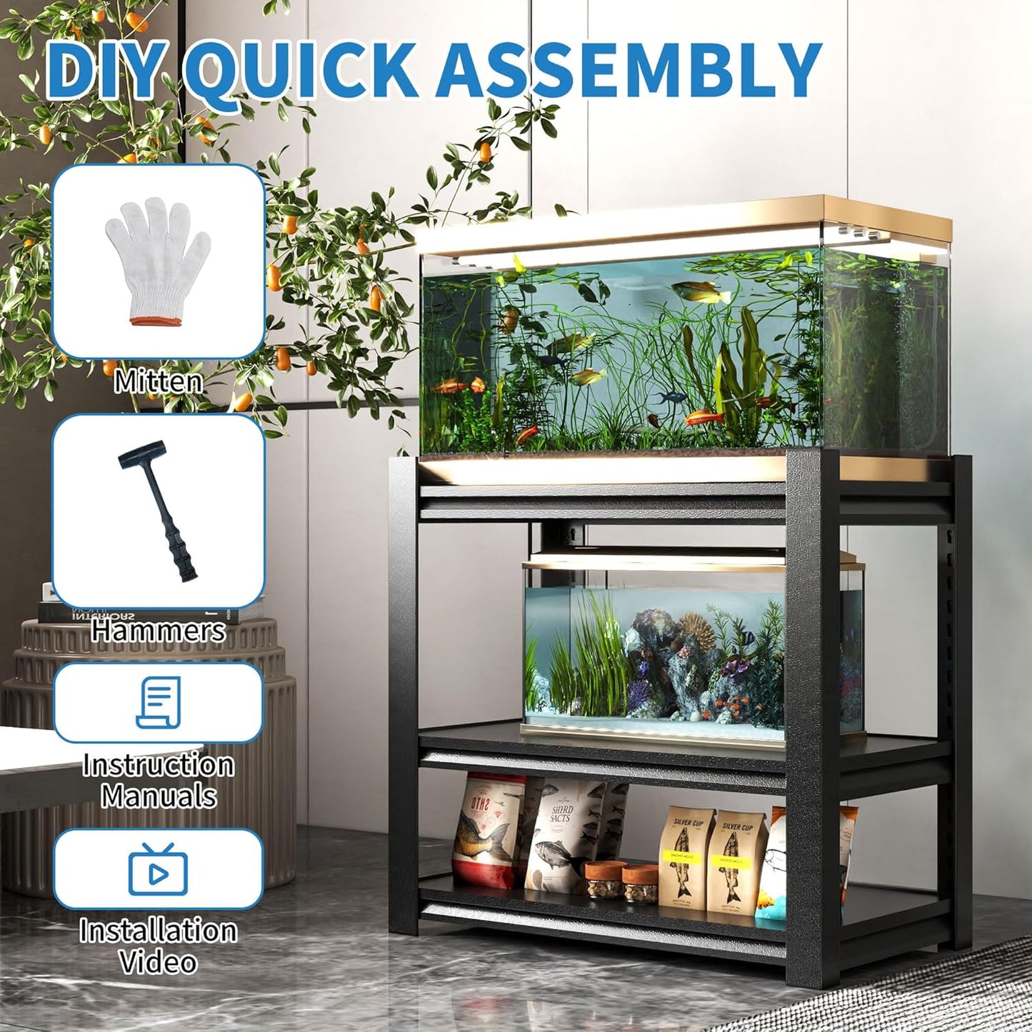 3 Tier Metal Shelving Unit, Aquarium Shelf System, Small Storage Organizer Racks for Basement Garage Laundry Utility Shelving (Black)