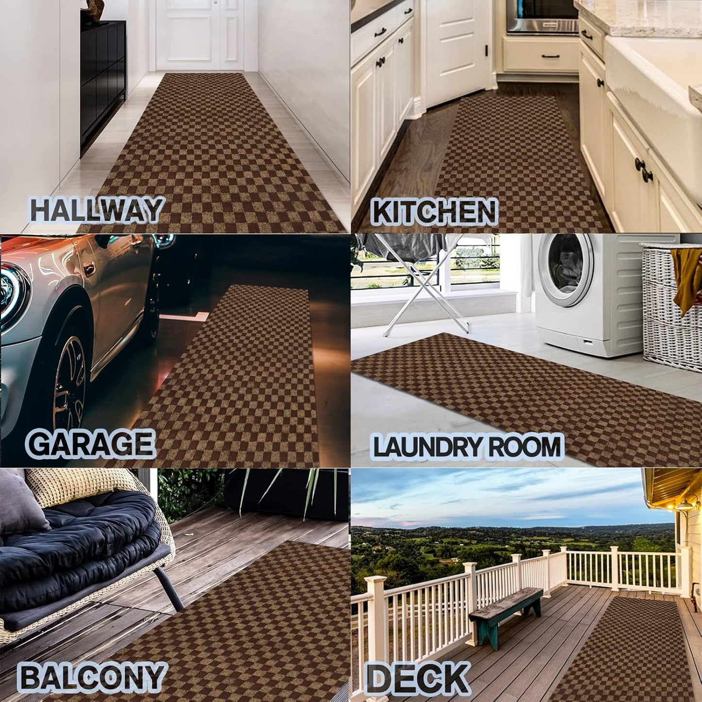 Custom Size Backed Non-Slip Area Rugs Runner, Easy Clean, Waterproof Runner Rugs for Hallway Entryway, Kitchen, Laundry, 2FT x 82FT, Brown Checkered