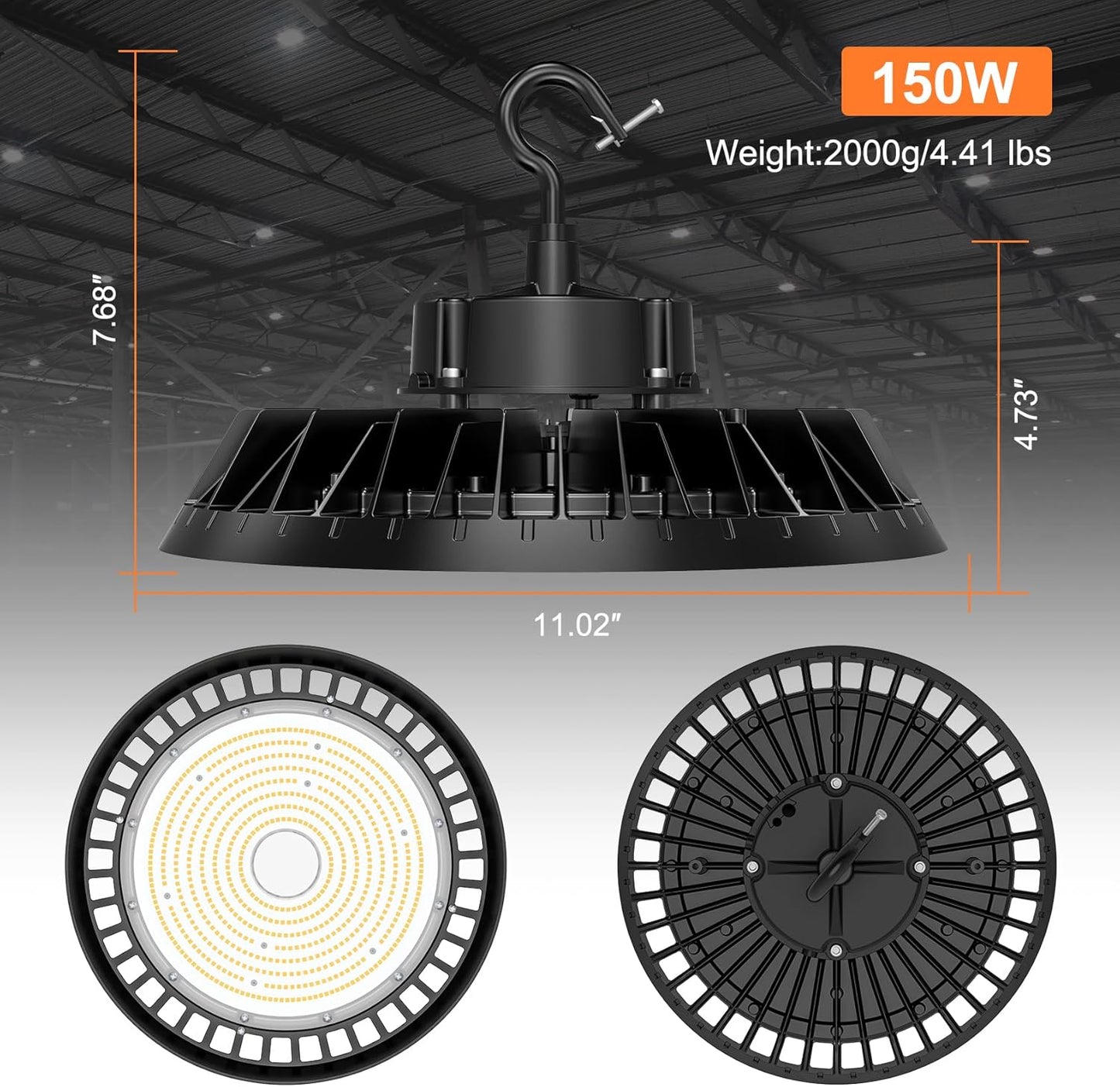 LED High Bay Lights, Super Bright 150W UFO High Bay LED Shop Lights, 22500LM 5000K, 0-10V Dimmable, 5' Cable Plug, IP65 Waterproof, ETL Listed Plug & Play Lighting High Bay for Gym Factory Warehouse
