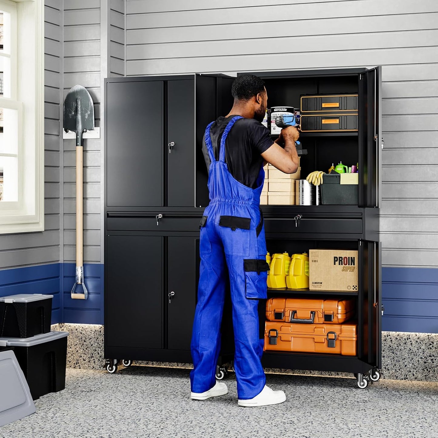 Yizosh Metal Garage Storage Cabinet with Locking Doors and Adjustable Shelves, 73" Rolling Tool Storage Cabinet with 4 Wheels and 1 Drawer for Garage,Warehouse (Black)