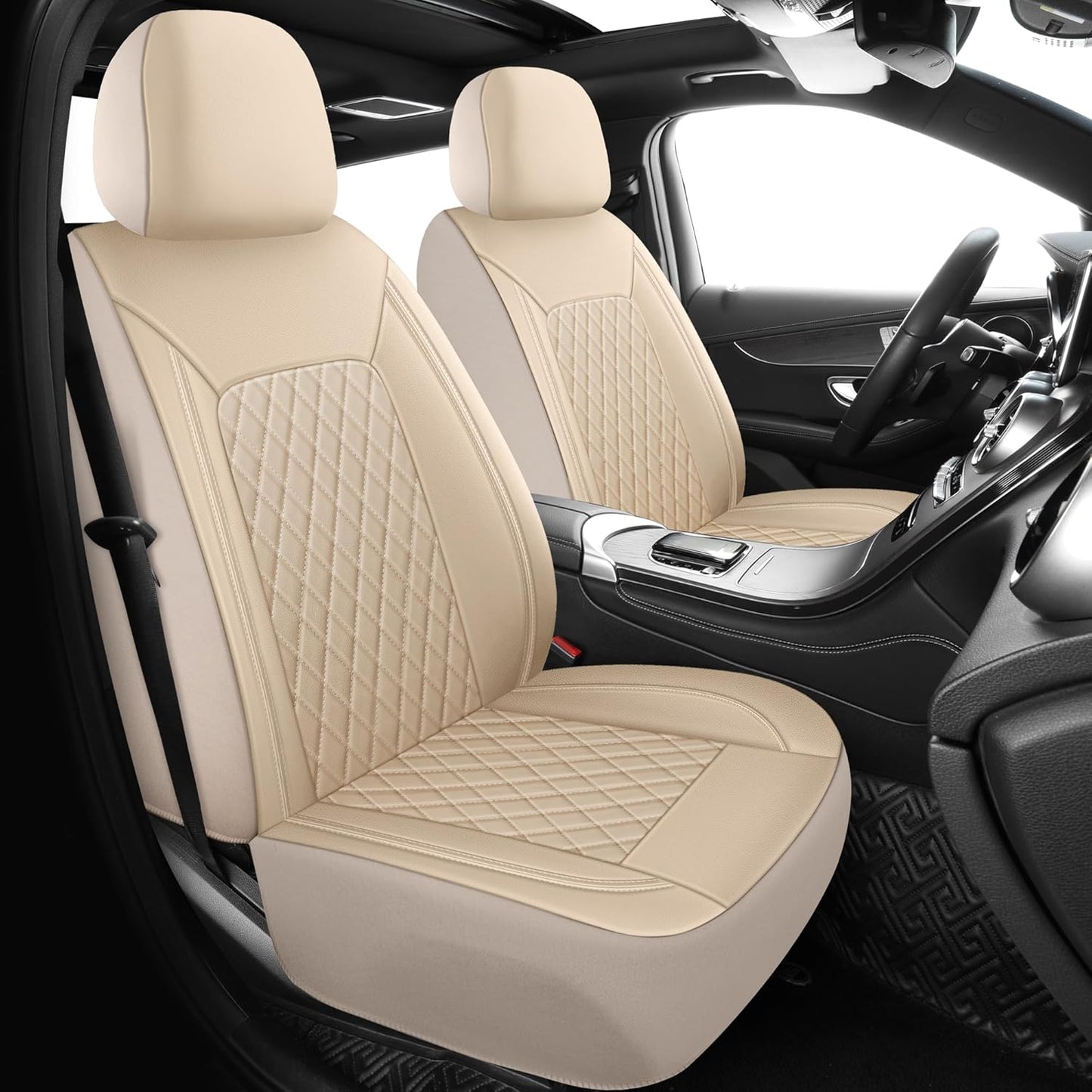 Car Seat Covers,Breathable and Waterproof Leather Seat Covers,Luxury PU Universal Fit Automotive Airbag Compatible for Most Cars Sedans SUV and Truck(2 Pieces,Front Seat,Beige,N1)