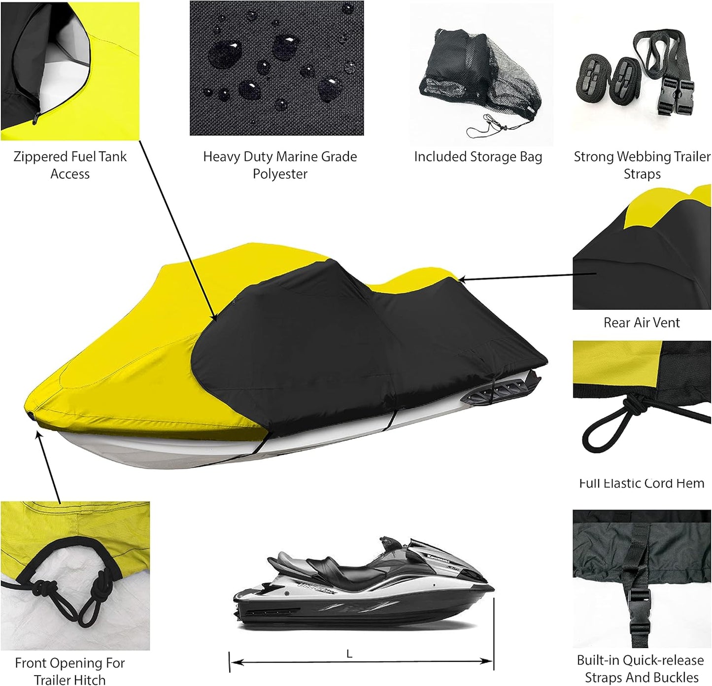 Trailerable Jet Ski Cover, Waterproof Marine Grade 600D Heavy Duty Polyester PWC Cover Yellow/Black Fits from 96" to 102" 1 Seater
