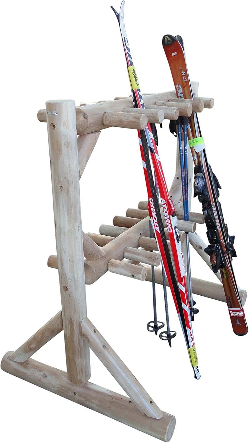 11-Place Freestanding Log Ski Rack Holder, Indoor & Outdoor Snowboard Racks, Standing Storage, Garage Racks for Snow Skis, Durable Snowboard Rack Garage Storage Organizer - Unfinished + 15" Anchor Kit