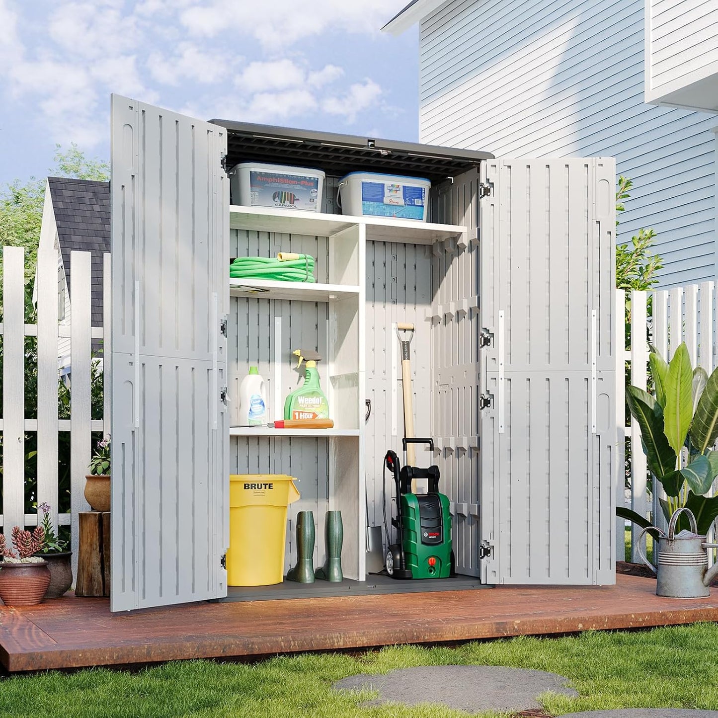 Aoxun Outdoor Resin Storage Shed with Metal Shelving Kit & Floor, 64 Cu.Ft Vertical Waterproof Storage Cabinet for Garage, Pool, Bike, Garden Tools, Patio Furniture (White)