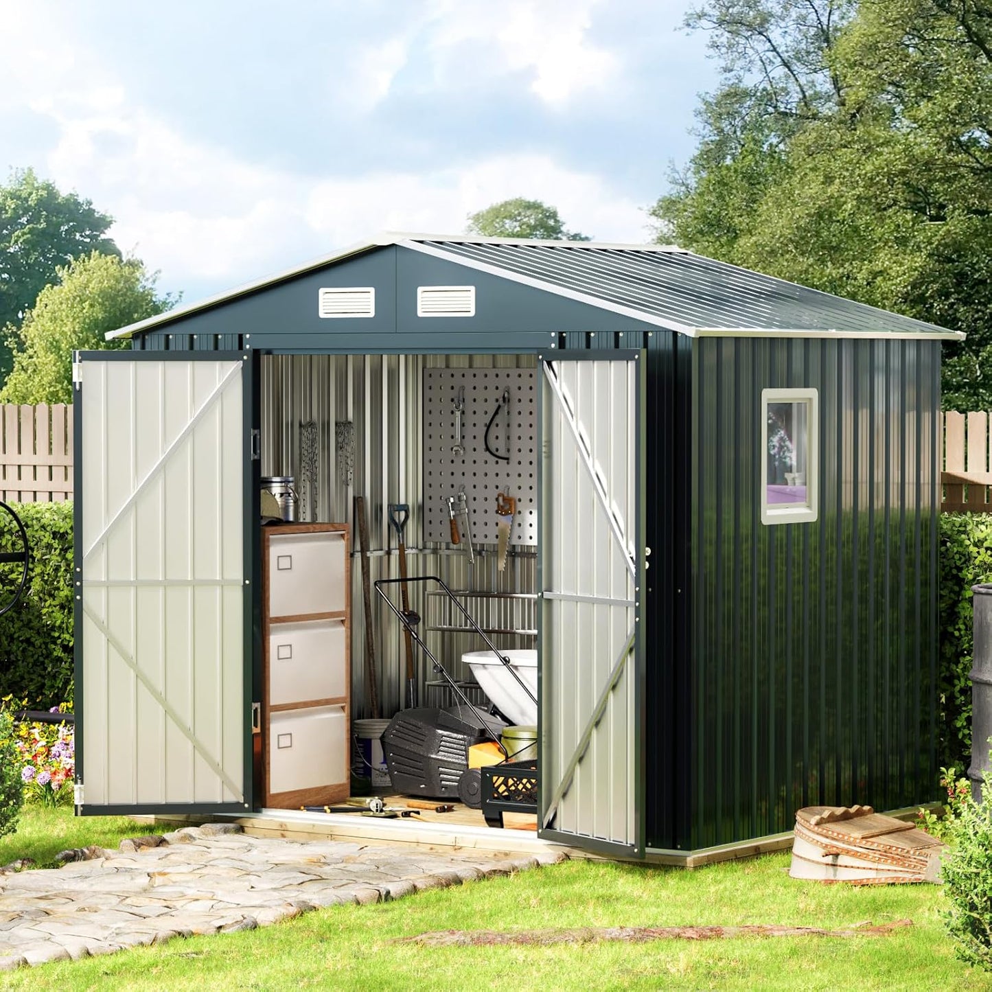 6X8X6.4FT Outdoor Steel Storage Shed with Lockable Doors, Frame Floor (No Wood/Other Boards),One Clear Window,Ideal for Garden, Backyard, Patio Storage