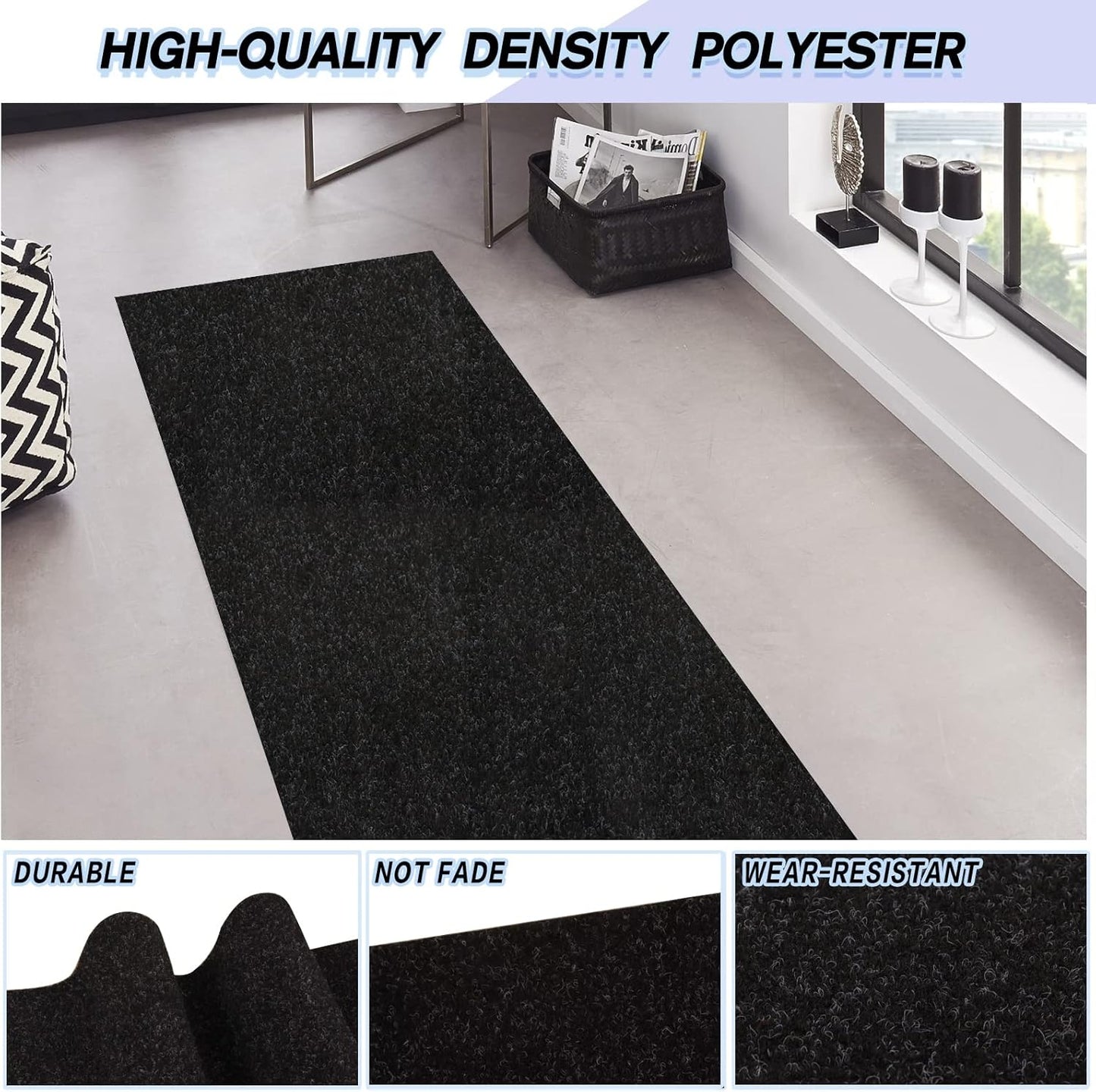 Custom Size Backed Non-Slip Area Rugs Runner, Easy Clean, Waterproof Runner Rugs for Hallway Entryway, Kitchen, Laundry, 4FT x 18FT, Black
