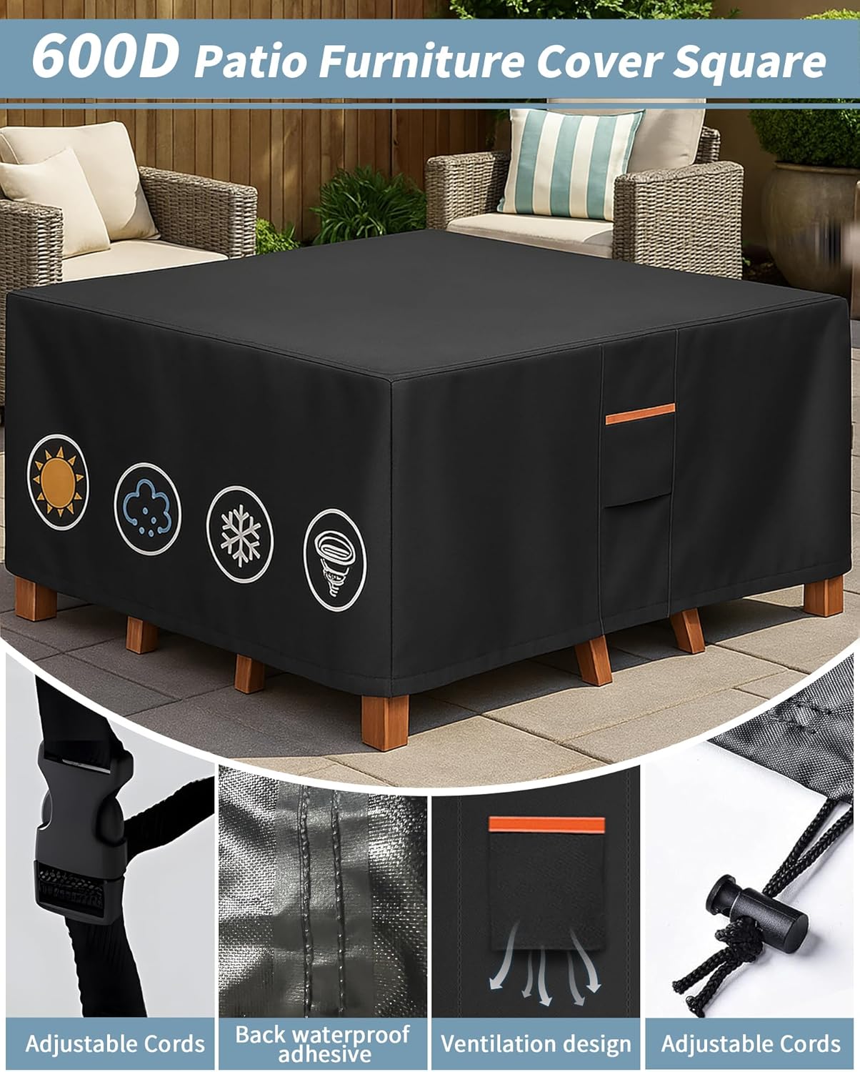 Outdoor Waterproof Furniture Cover, 86W x 86L x 28H inches Heavy Duty 600D Square Table and Chair Set Protection, Black