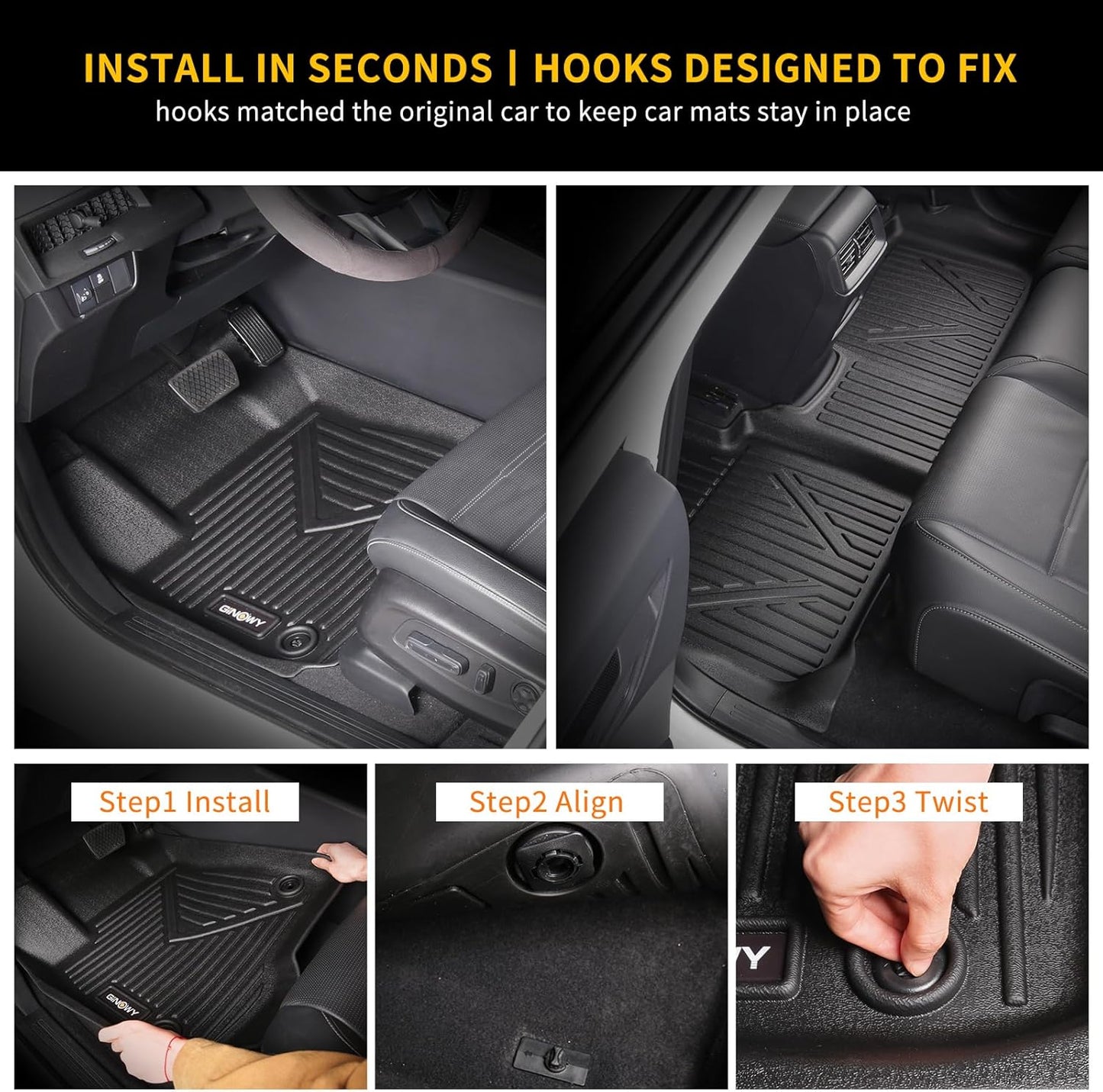 GINOWY- Floor Mats & Cargo Liner for Kia Seltos 2024 2025 2026, TPE All Weather Protection Seltos Car Mats 2024, Custom Seltos Floor Liners Non-Slip Trunk Mat, Waterproof Accessories Black