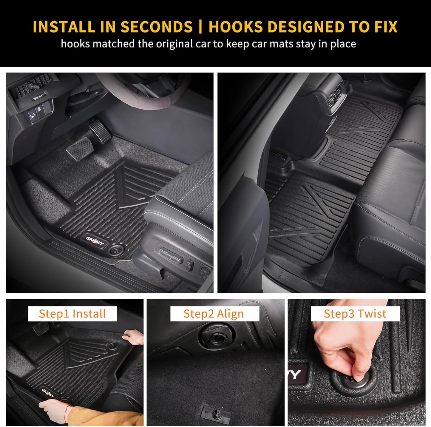 GINOWY- Floor Mats for Kia K5 2021-2024 2025(Only FWD Models) for Hyundai Sonata 2020-2025, TPE All Weather 2024 K5 Car Mats 1st & 2nd Row Non-Slip Durable Black