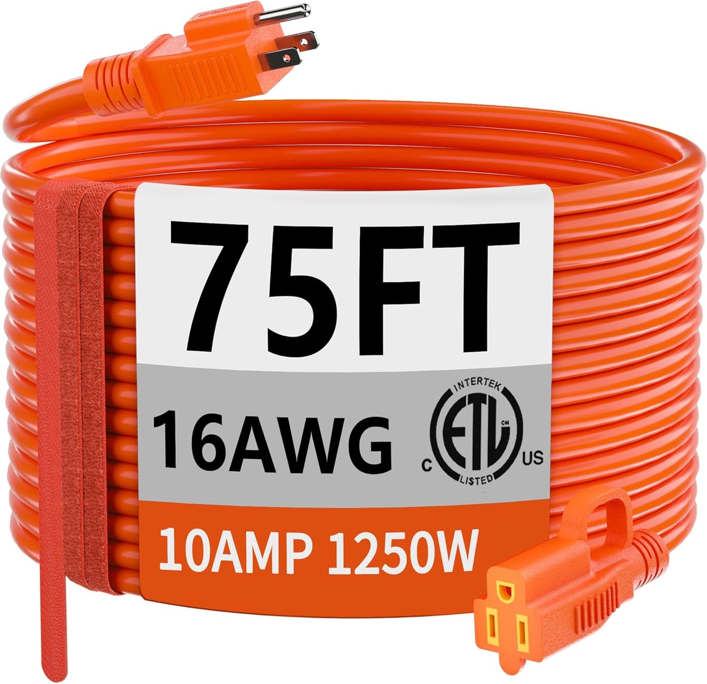 huanchain 75 Foot 16/3 Gauge Outdoor Extension Cord Waterproof, Flexible Cold-Resistant Appliance Extension Cable Outside, 10A 1250W 16AWG SJTW, 3 Prong Heavy Duty Electric Cord Orange, ETL