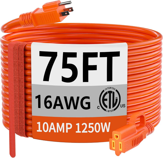 huanchain 75 Foot 16/3 Gauge Outdoor Extension Cord Waterproof, Flexible Cold-Resistant Appliance Extension Cable Outside, 10A 1250W 16AWG SJTW, 3 Prong Heavy Duty Electric Cord Orange, ETL