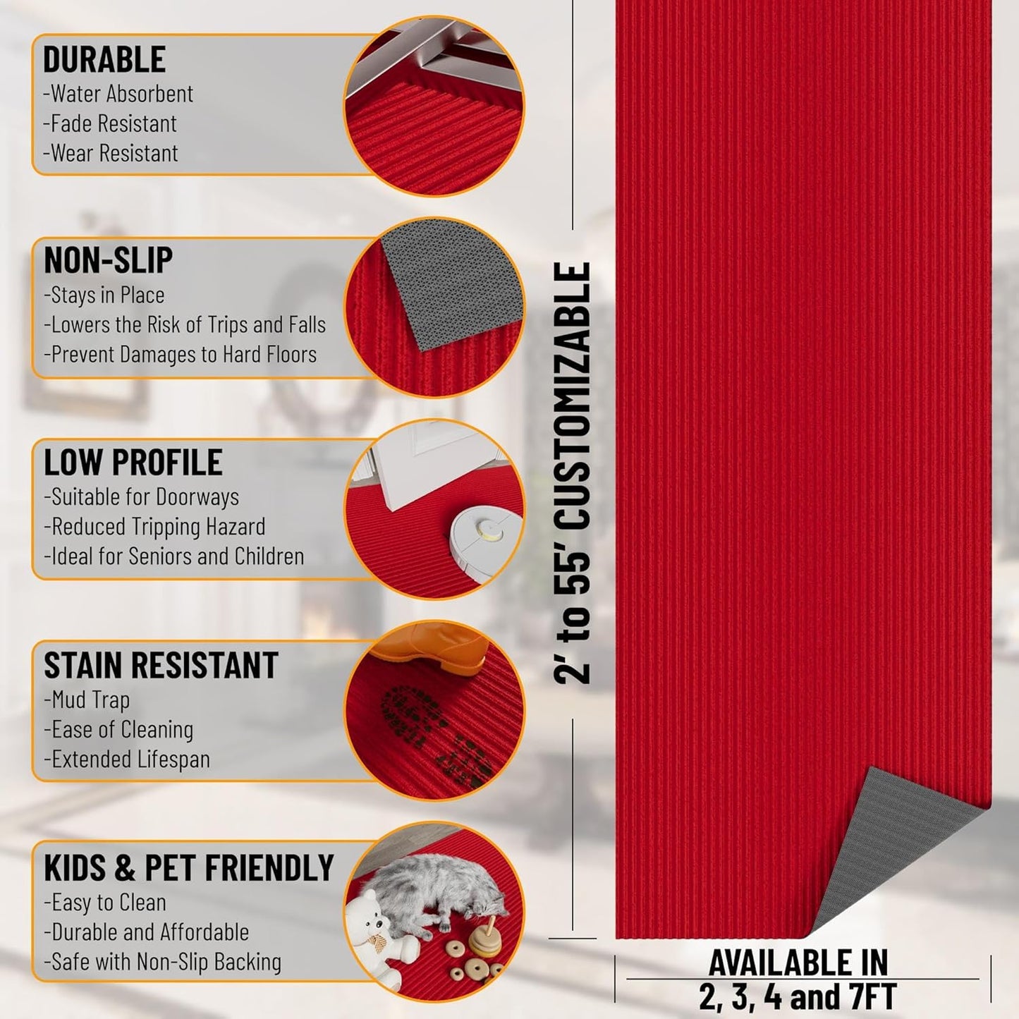 Ottomanson 6'6" x 16' Hallway Runner with Scraper Pile Extra Durable Non-Slip Rug Mat for Indoor & Outdoor Use - Ideal for Kitchen, Entryway, Patio & Garage - High-Traffic Carpet, Red