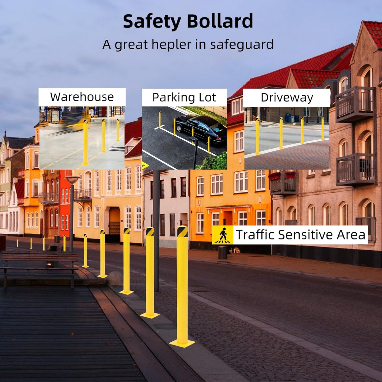 Safety Bollard 4 Packs, 42 Inch Height Steel Bollard Post for Parking Lot, 4.5 Inch Diameter Pipe, Yellow Safety Bollard Post with 16 Anchor Bolts, Ideal for Traffic-Sensitive Areas, Driveway Barrier